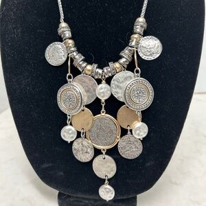 Beautiful New Chico's Cascading Gold and Silver Coin and Crystal Ring Necklace